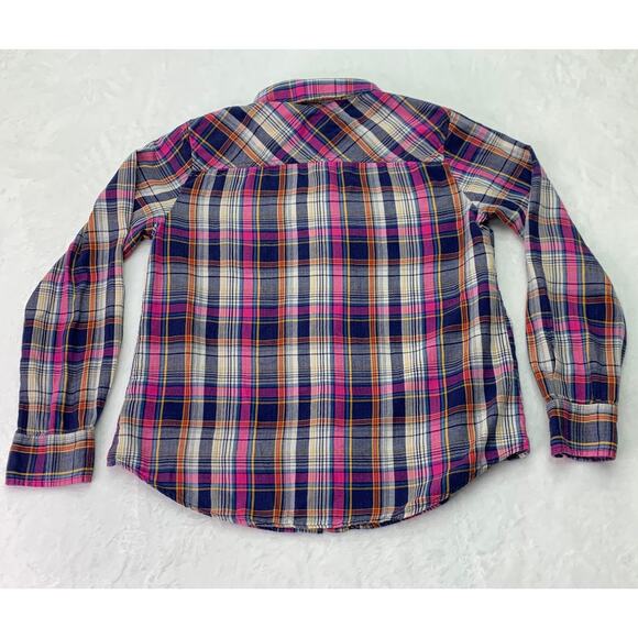 Merona Womens Large Pink Blue Orange Plaid Long Sleeve Cotton Button Up Shirt - Picture 3 of 9